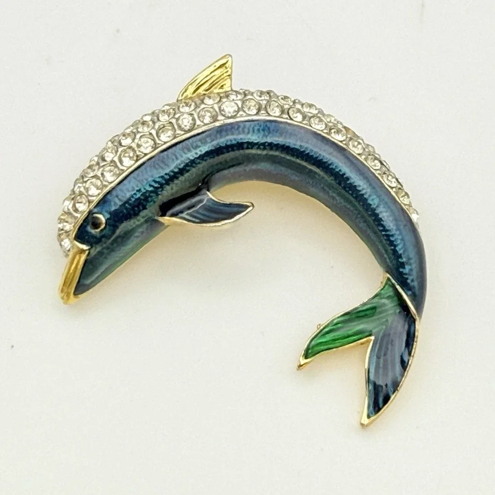 Signed DIS Vintage Dolphin Brooch Blue Green Enamel Rhinestone Gold Tone Pin